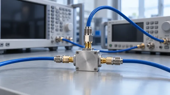 Silver three-port RF module with blue coaxial cables in front of laboratory instruments.