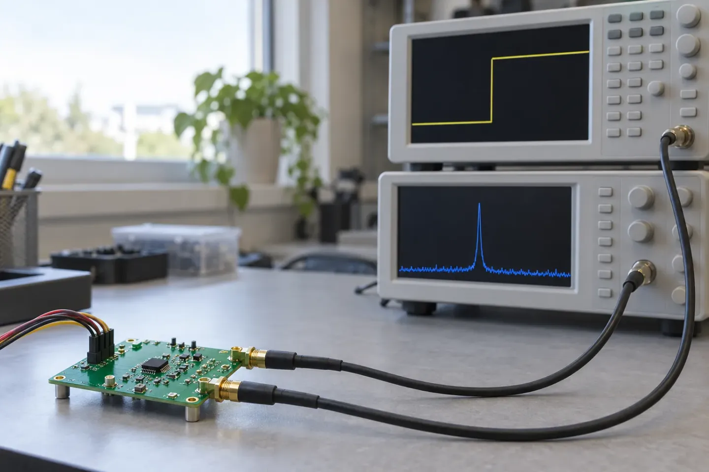 RF evaluation board with a single chip connected by coaxial cable to an oscilloscope showing a logic step and a spectrum analyzer showing one carrier