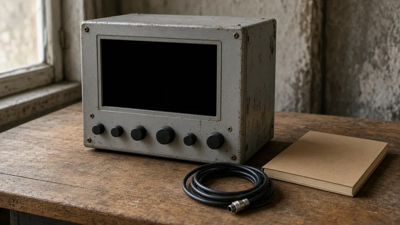 A gray metal instrument with a dark screen on a wooden bench, beside a coiled black cable and a closed notebook.