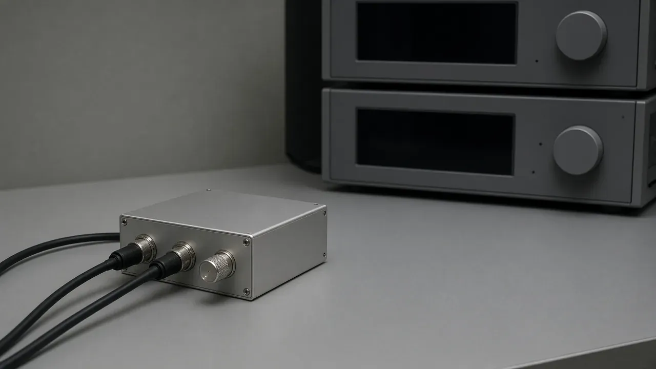 A silver metal housing with two coaxial cables and a termination on a bench, in front of two instruments with dark screens.