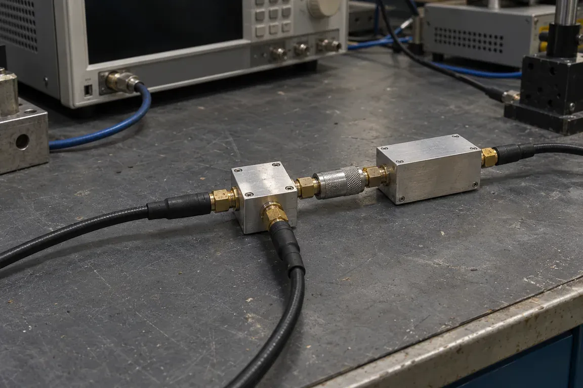An unlabelled aluminum 3-port mixer housing connected through a stainless-steel coaxial barrel attenuator pad to a rectangular silver filter block on a dark gray bench mat.