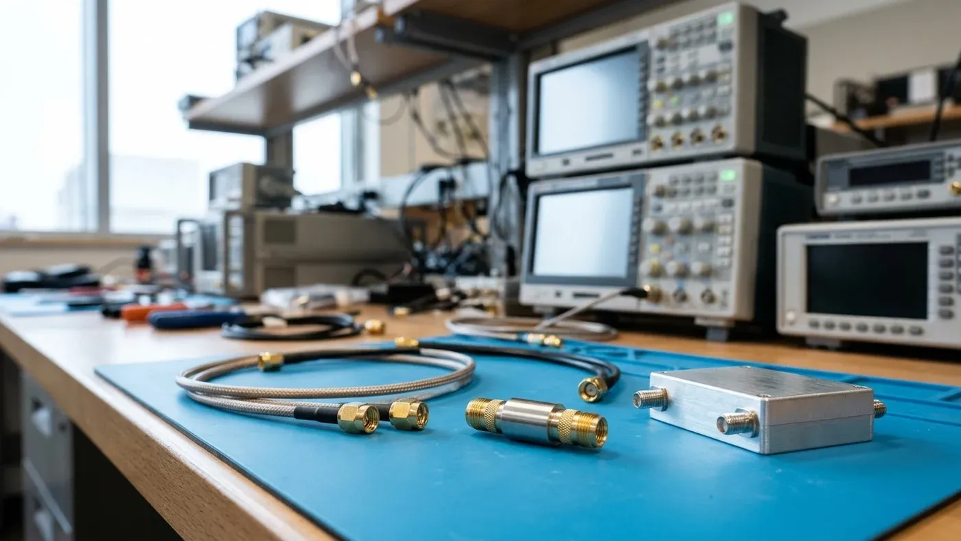 Coaxial cables, inline barrel pad and metal RF enclosure on a laboratory bench