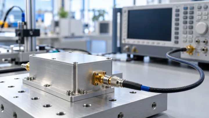 Metal enclosure and coaxial cable on a laboratory mounting plate