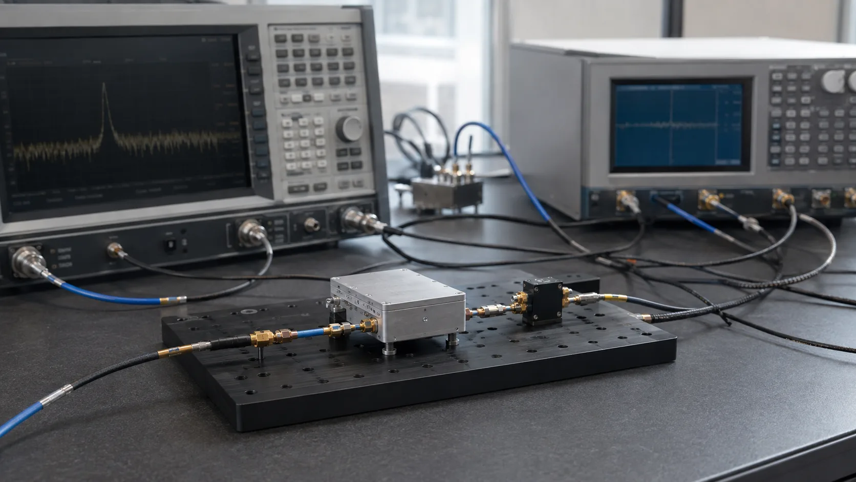 RF and microwave instruments connected to a shielded test module on an engineering laboratory bench