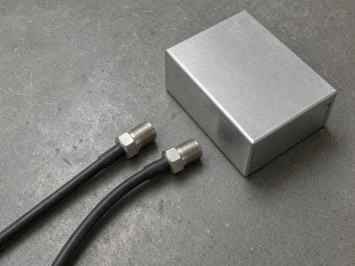 Two black cables with metal connectors on a gray surface, beside a plain rectangular metal box.