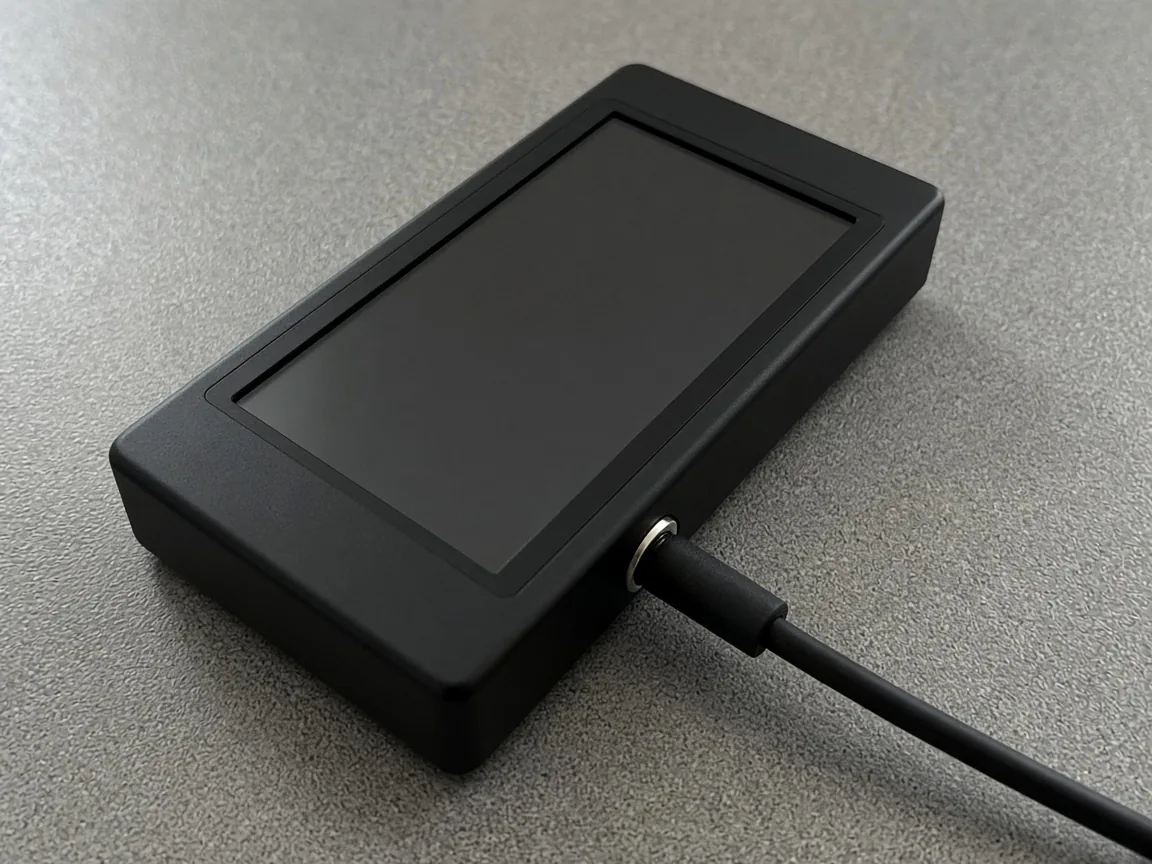 A black instrument on a gray table, its screen dark, with one black cable plugged into the side.