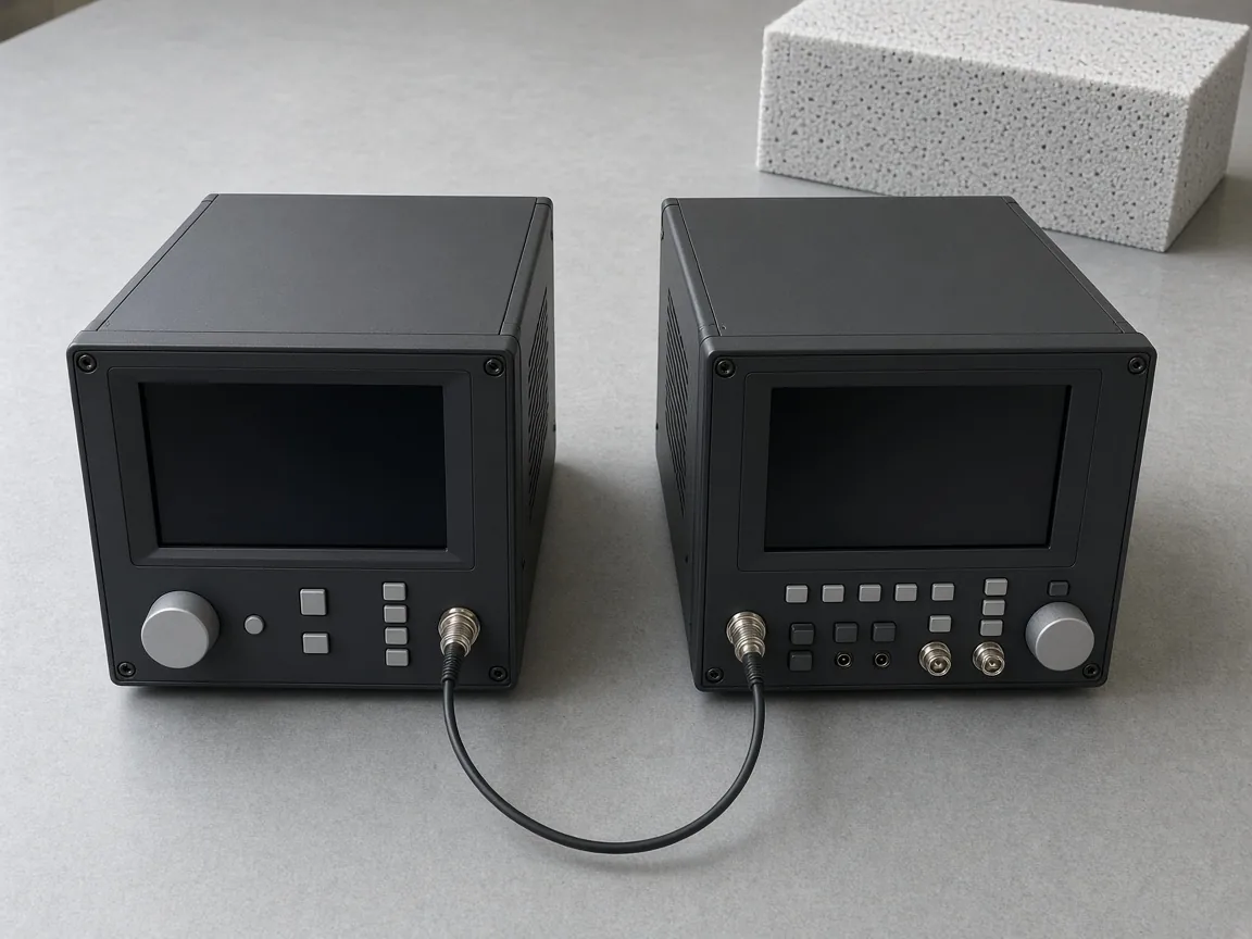 Two black instruments on a gray table, both screens dark, with one cable between them and a white foam block behind.