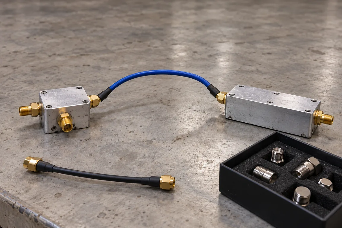Two unlabelled aluminum RF housings connected by a curved loop of blue semi-rigid coaxial cable on a gray concrete bench, beside a disconnected black jumper cable and a foam tray of SMA terminations.