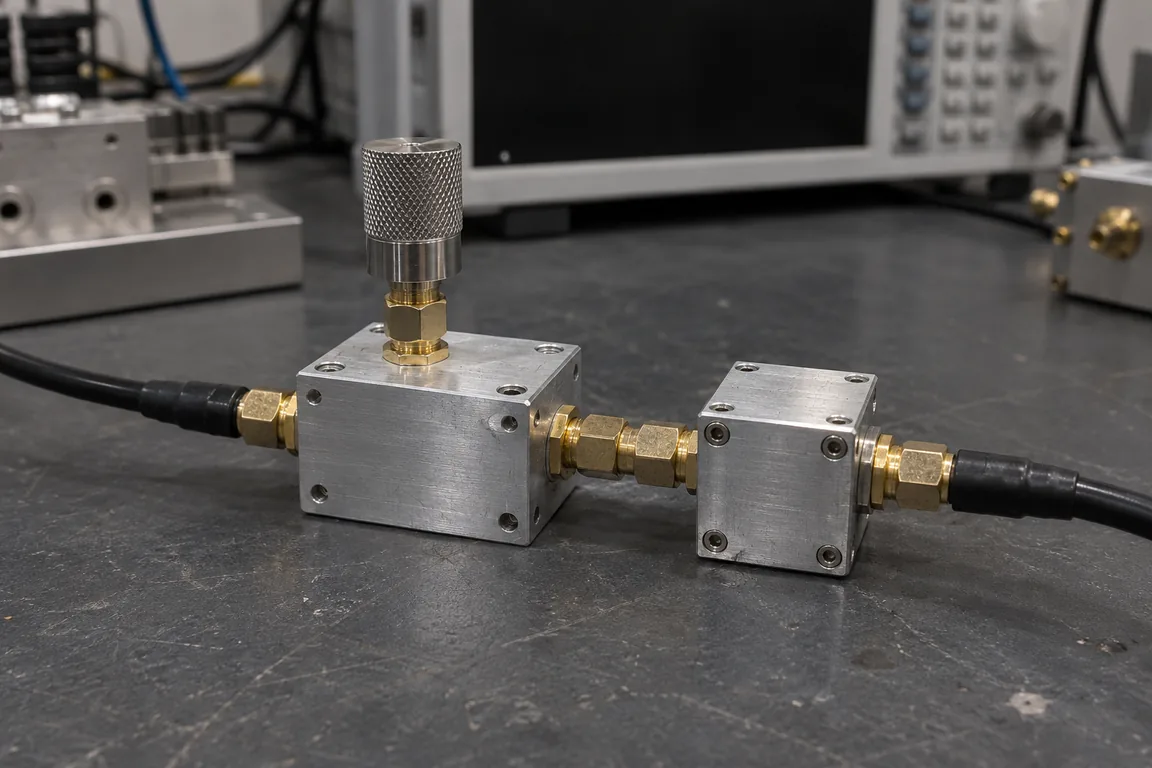 An unlabelled milled aluminum 3-port diplexer block attached to a small silver mixer housing on a dark gray bench mat, with one port connected to a black coaxial cable and the third port capped by a stainless-steel 50-ohm termination.