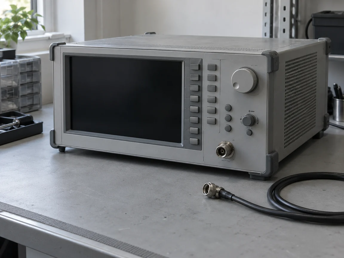 A gray bench instrument with a dark display and a black coaxial cable lying beside it.