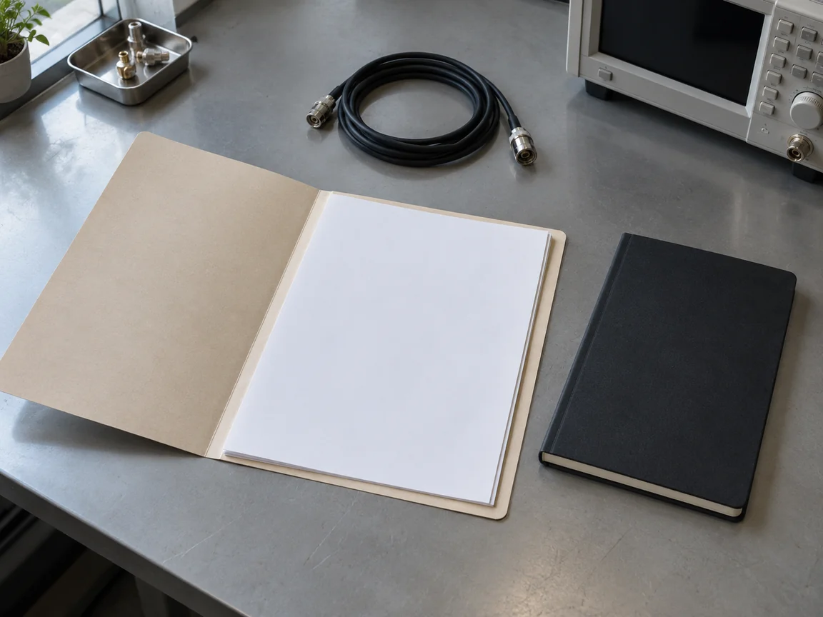 Blank paper, a closed notebook and a coiled cable beside a bench instrument.