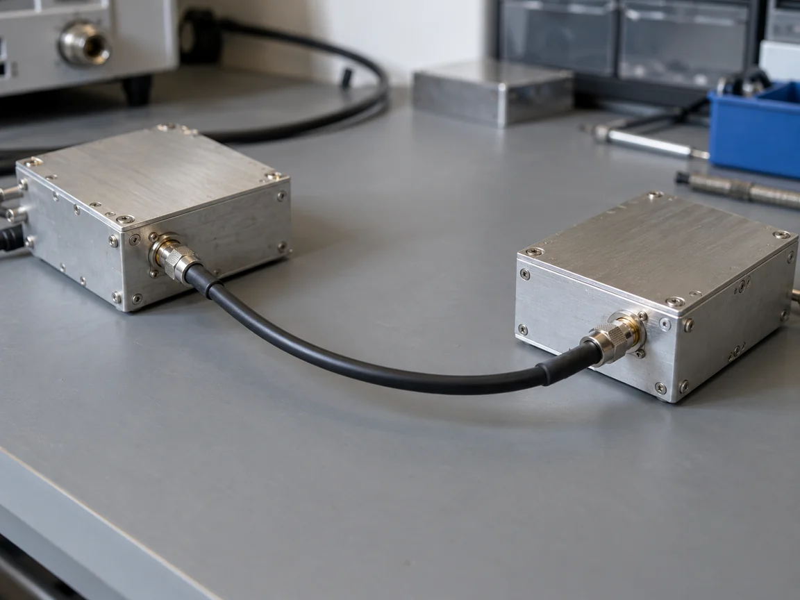 Two metal RF modules connected by black coaxial cables on a gray work surface.
