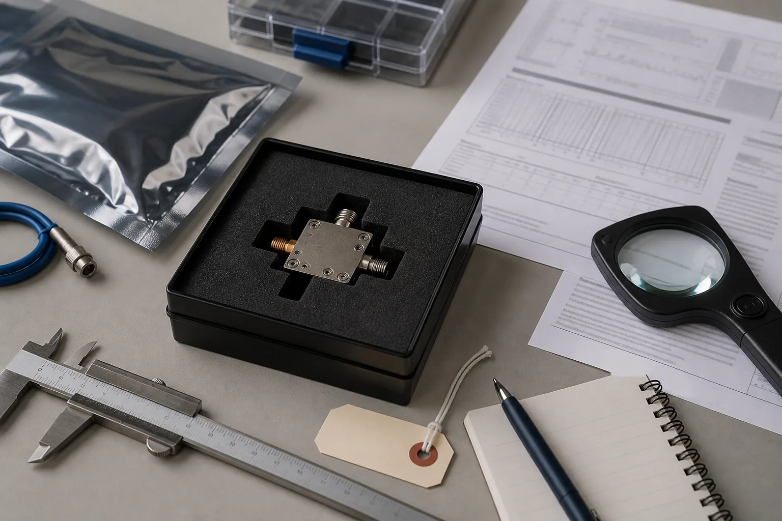 Generic RF component in protective packaging beside calipers, a magnifier and documentation.