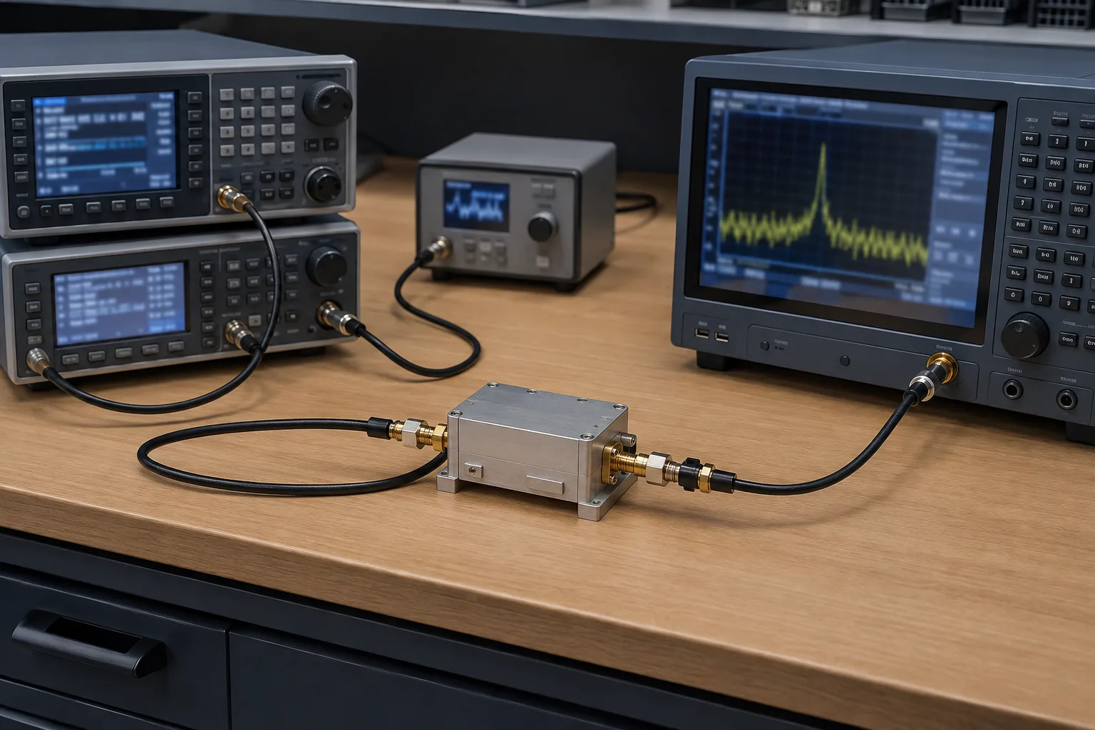 Generic RF converter module and laboratory instruments connected with coaxial cables.