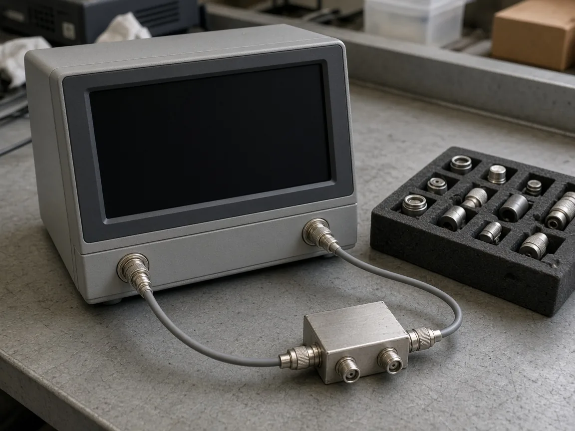 A gray instrument with a dark screen and two cables running to a small metal housing, beside a foam tray of coaxial fittings.