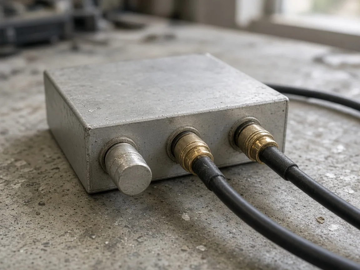 A worn metal housing on a concrete bench, with a cylindrical metal cap on the left connector and black cables on the center and right connectors.