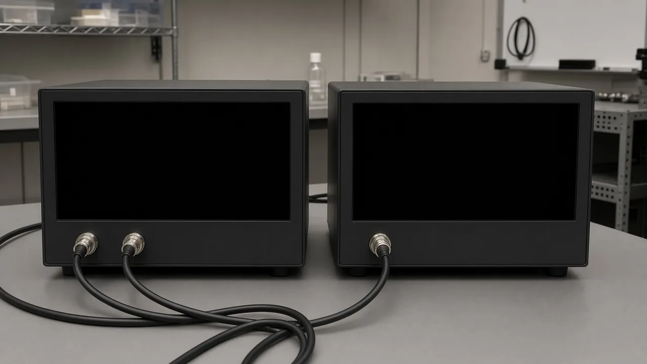 Two black instruments on a gray table, both screens dark. The left instrument has two coaxial cables and the right instrument has one.