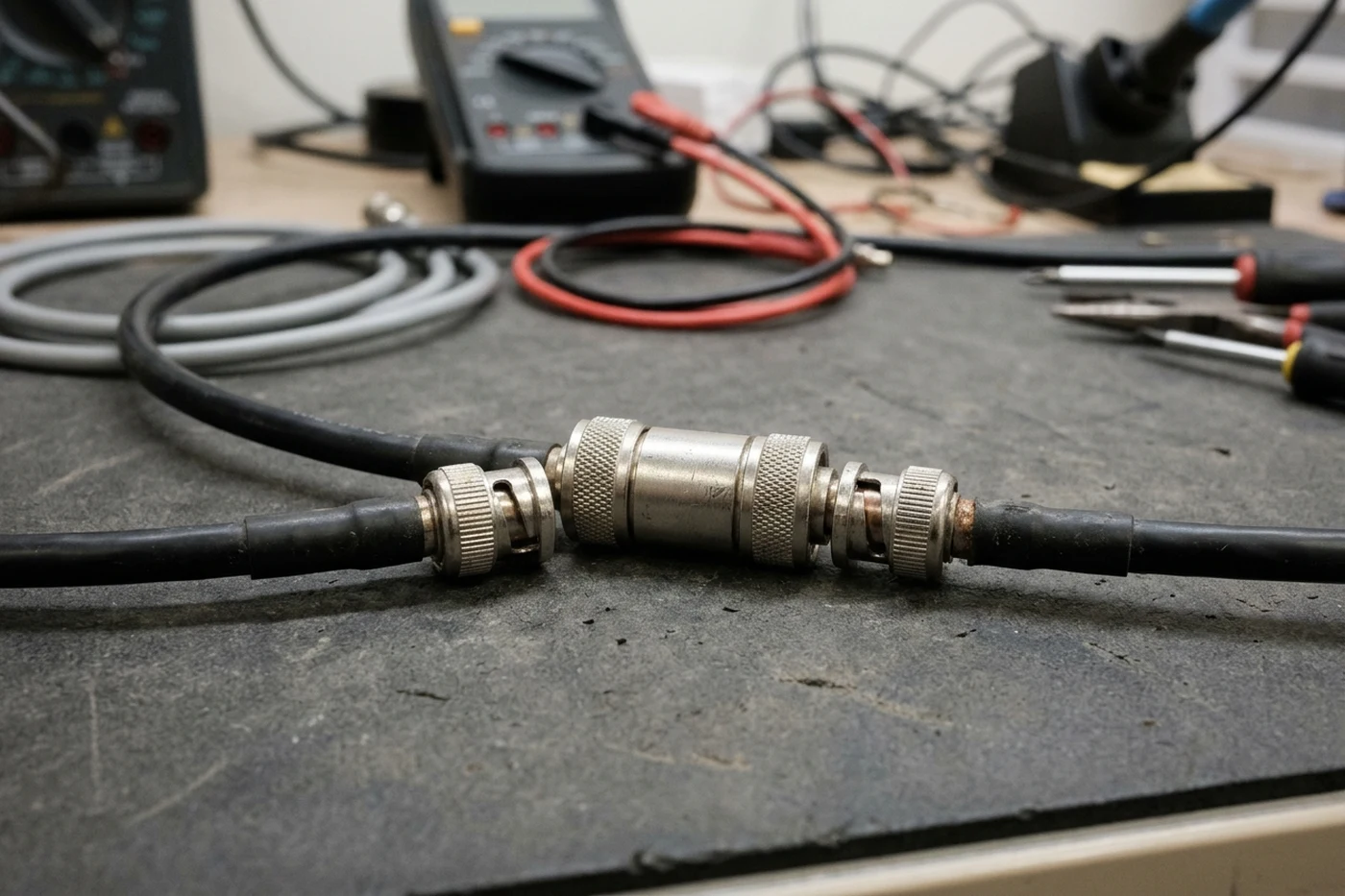 Inline metal coaxial barrel matching pad connecting two black coaxial cables on an electronics workbench mat