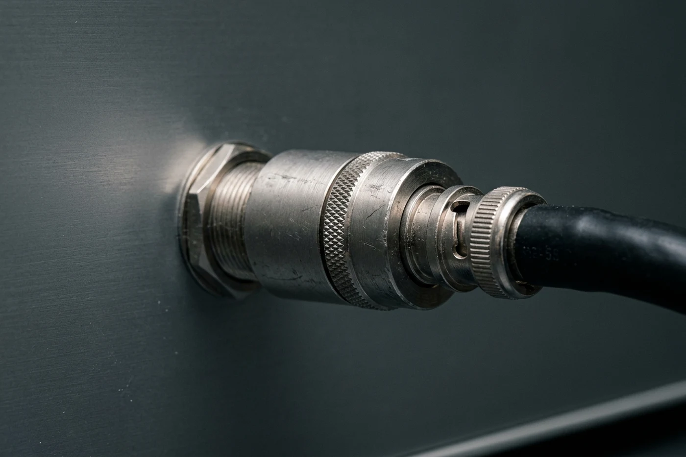 Cylindrical metal feedthrough termination barrel attached to an instrument panel coaxial jack and black test cable
