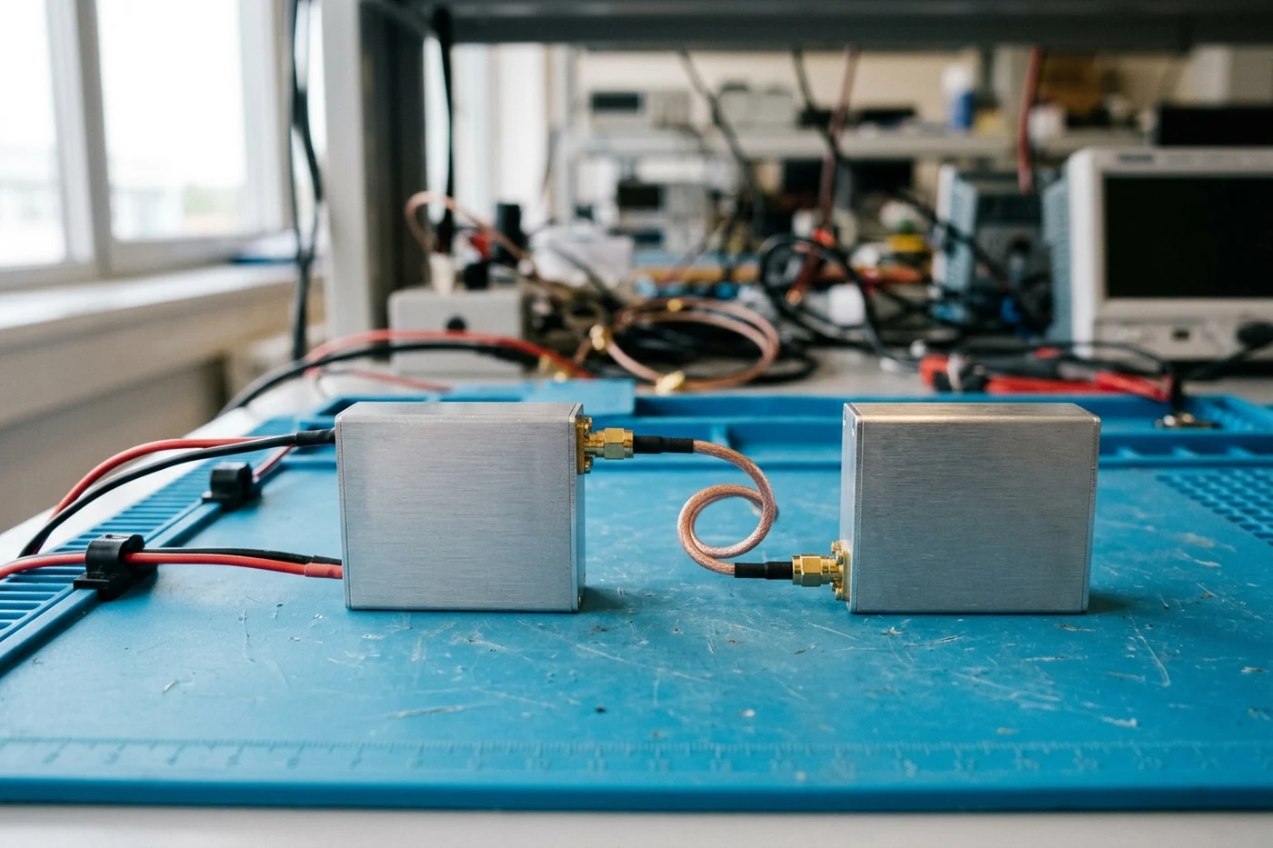 Two compact brushed-metal connectorized RF detector modules linked by a coaxial jumper with insulated power leads on a bench mat