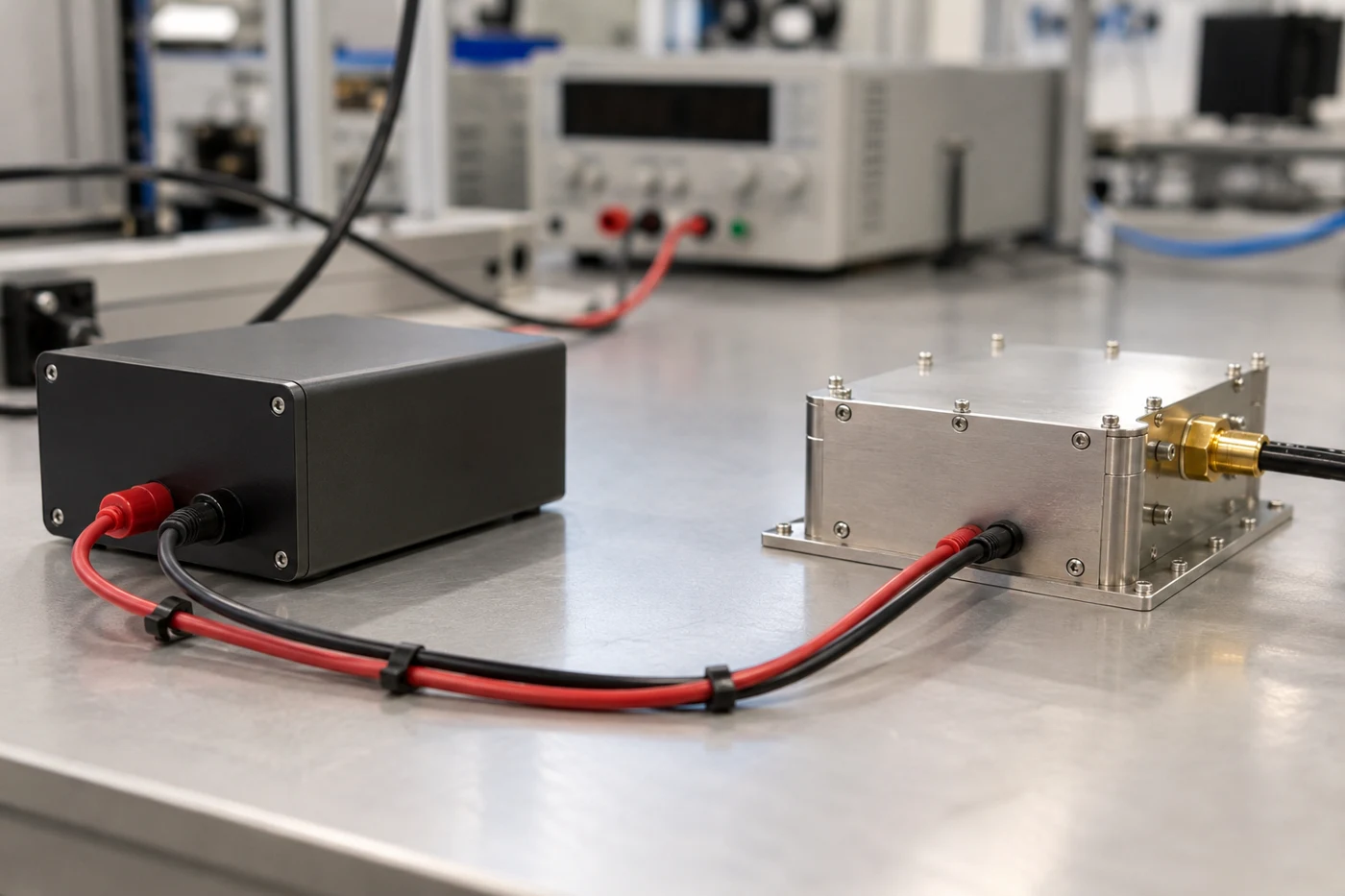 Insulated leads between separate dark and silver bench enclosures