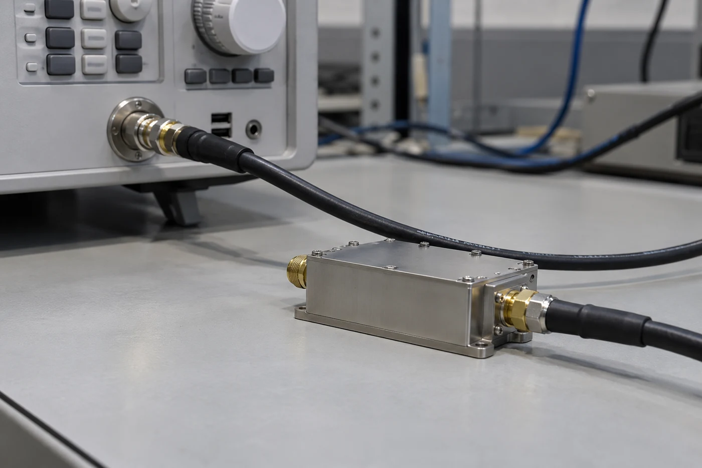 Coaxial connection between a bench instrument and a metal enclosure
