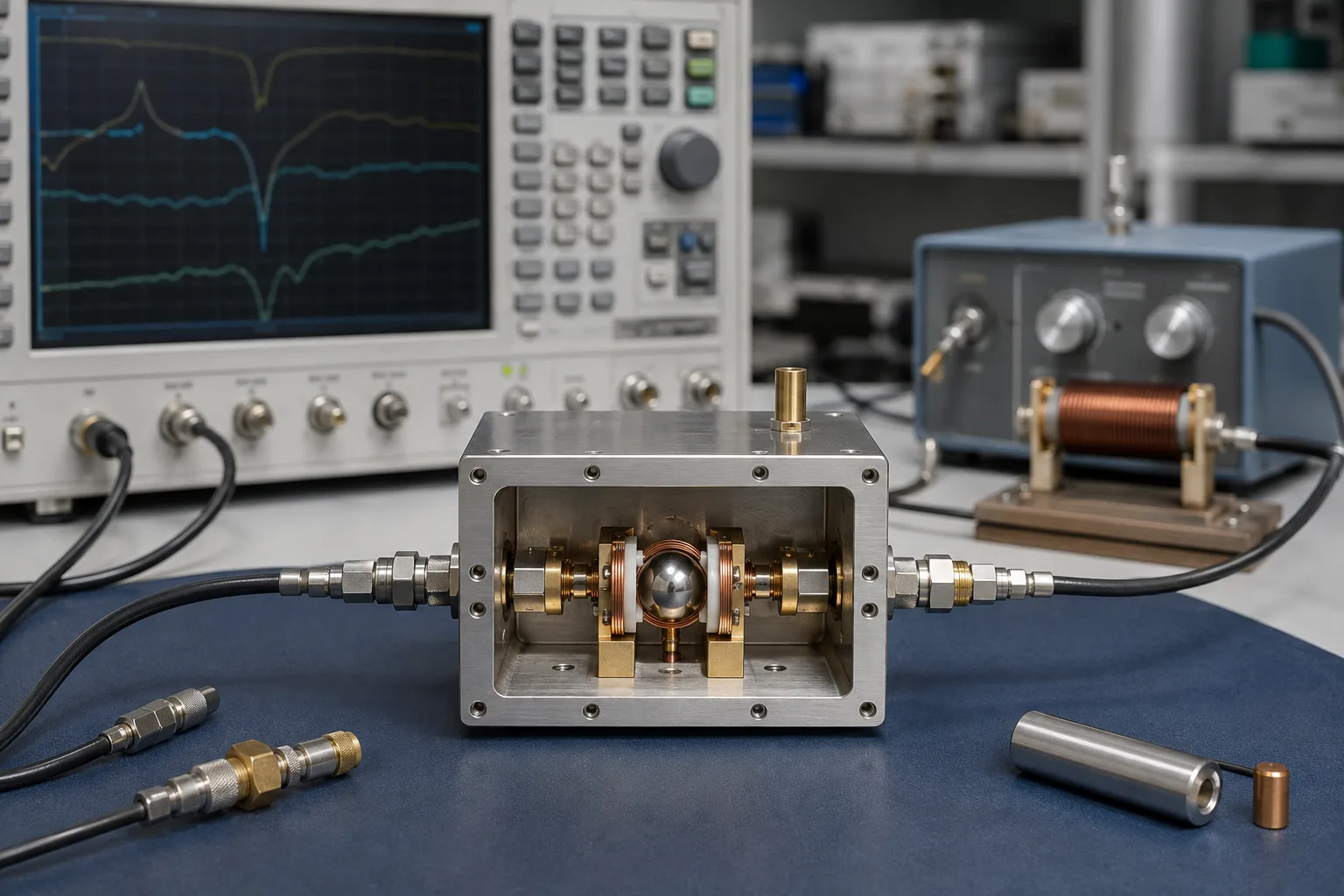 Generic microwave resonator fixture with magnetic coils and laboratory test equipment.