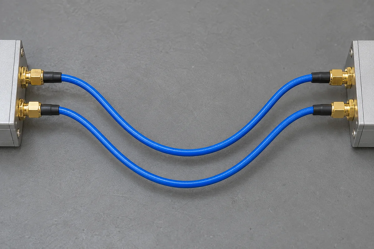 Two blue coaxial jumper paths connect paired SMA connectors on silver interface blocks, viewed from above.