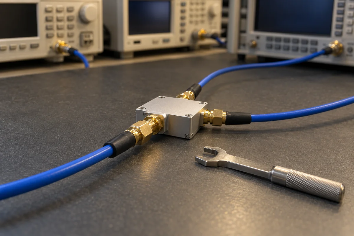 A blue coaxial cable connects to the foreground SMA port of a silver three-port module, with a small wrench beside it and instruments behind.