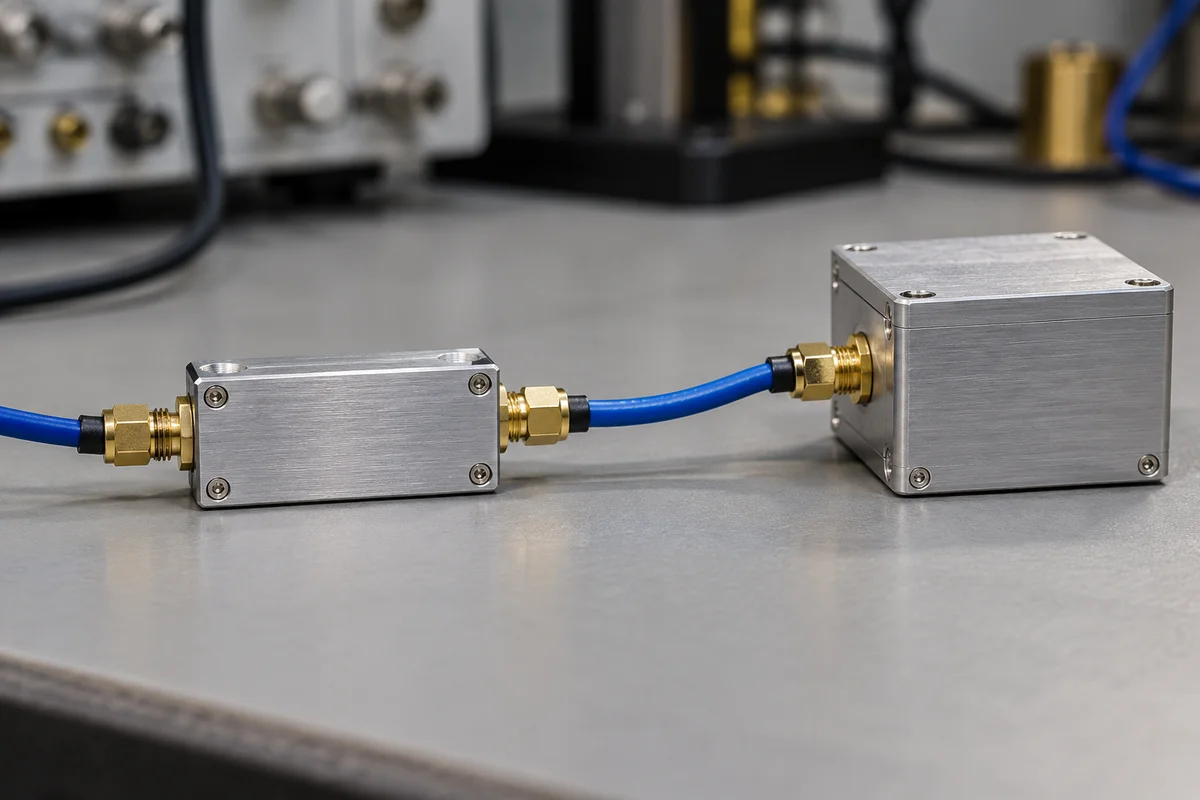 An inline silver RF filter connected by a short blue coaxial jumper to a separate aluminum module on a laboratory bench.
